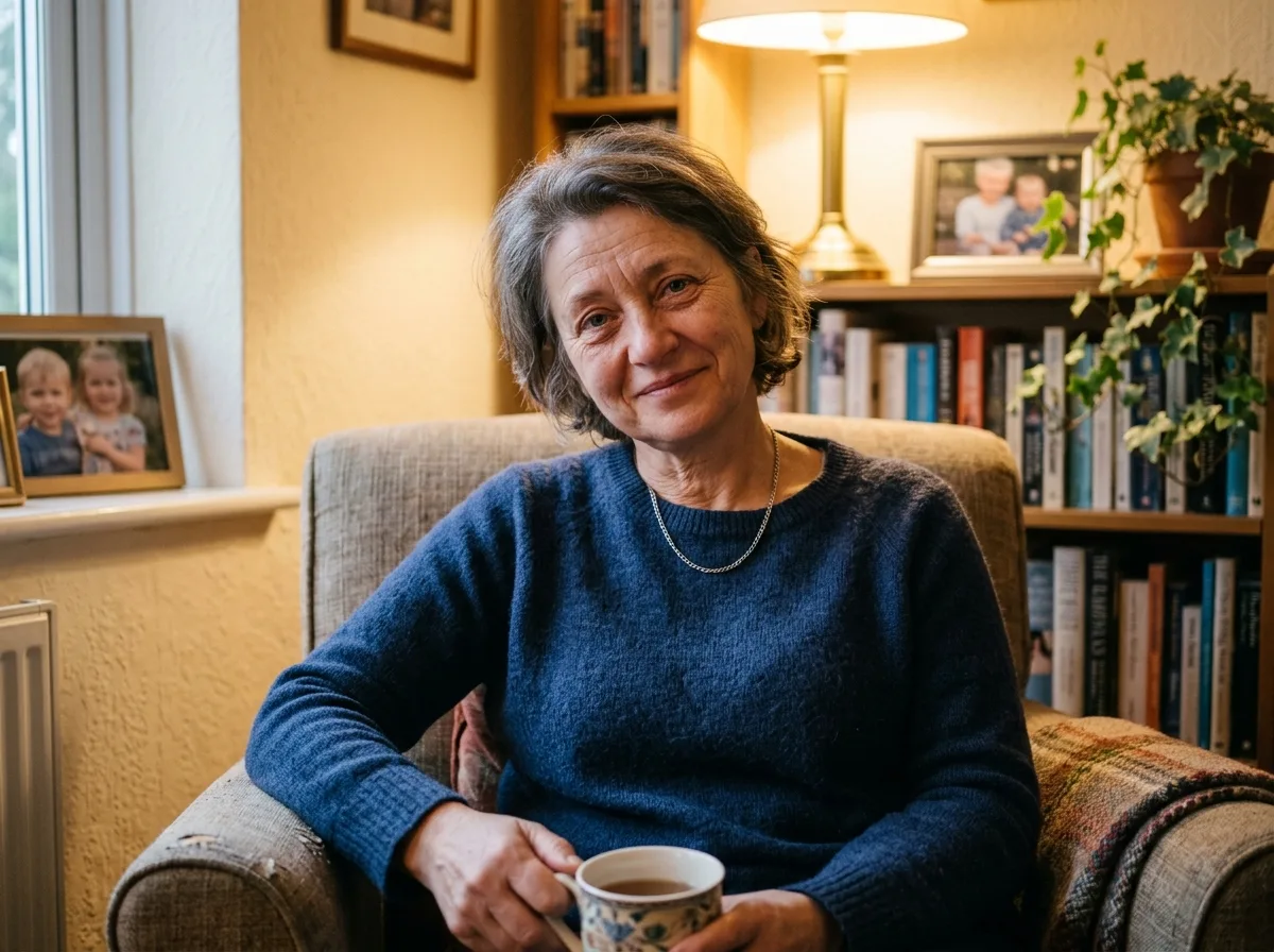 Портрет Ирины В., женщина около 52 лет, усталое но облегчённое выражение лица, домашняя обстановка